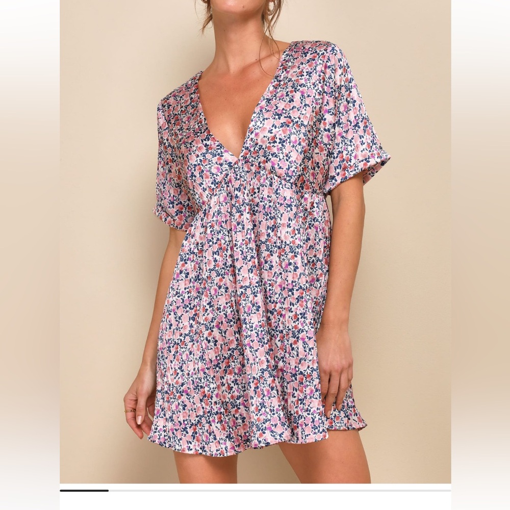 Lulus Blush Pink Floral Print Satin Babydoll Dress, NWT!